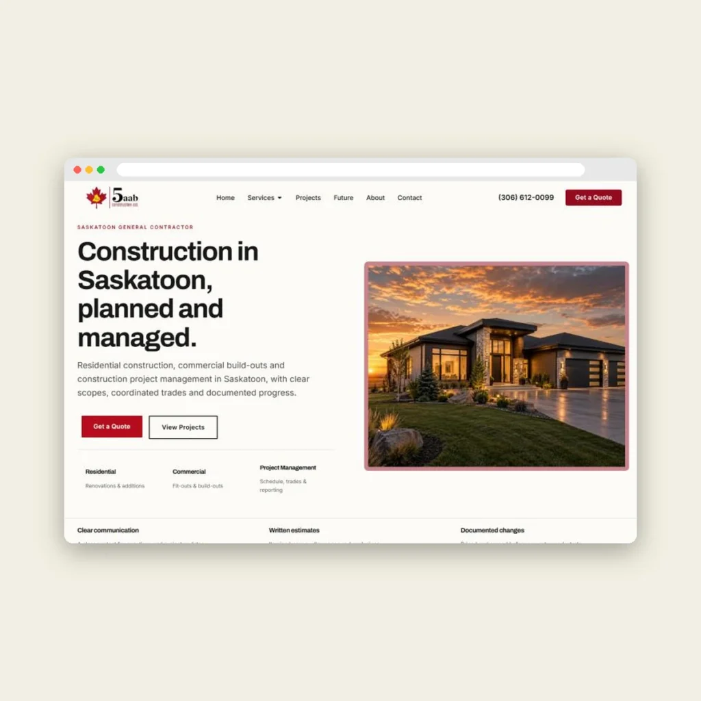 5AAB Construction website, homepage
